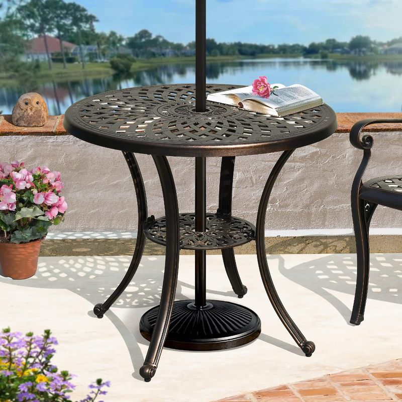 Elecohouse | 30" Cast Aluminum Round Patio Dining Table with Umbrella Hole