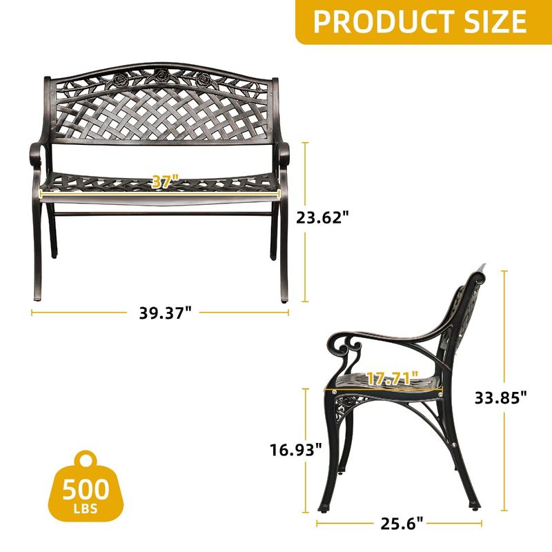 Elecohouse | 40" 2-Person Cast Aluminum Outdoor Garden Bench - Image 3